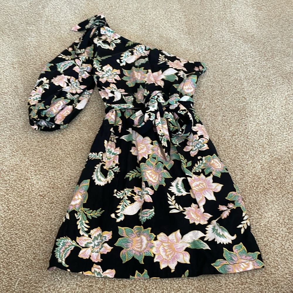 Who What Wear Batik Floral One Shoulder Dress Tie Waist Womens Black Floral S